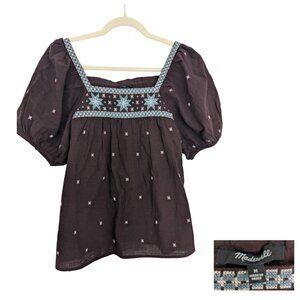 Madewell Brown Embroidered Short Sleeve Blouse (Size M)